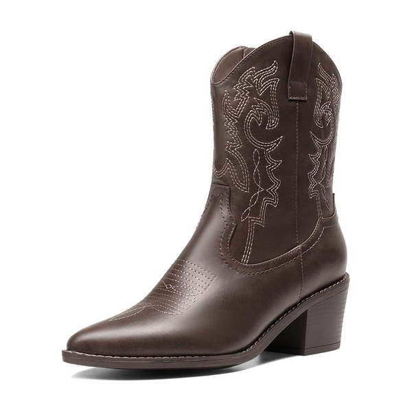 Western Chunky Heel Cowboy Ankle Boots - DARK BROWN -  0